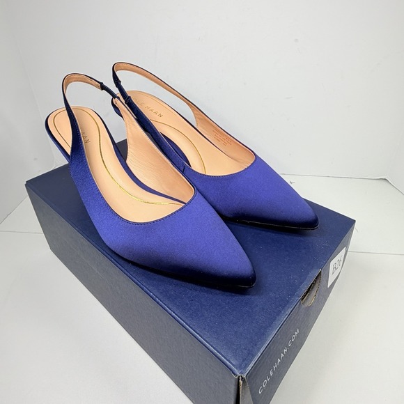 Cole Haan Shoes - Cole Haan Vandam Sling 65 Navy Satin Pointed Toe Kitten Heeled Pumps Sz 9.5